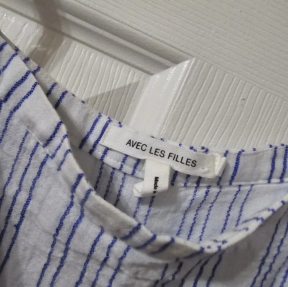 Avec Les Filles Tiered Ruffle Cropped Tank Top, Cotton/Linen Blend, Striped, EUC - Picture 10 of 11